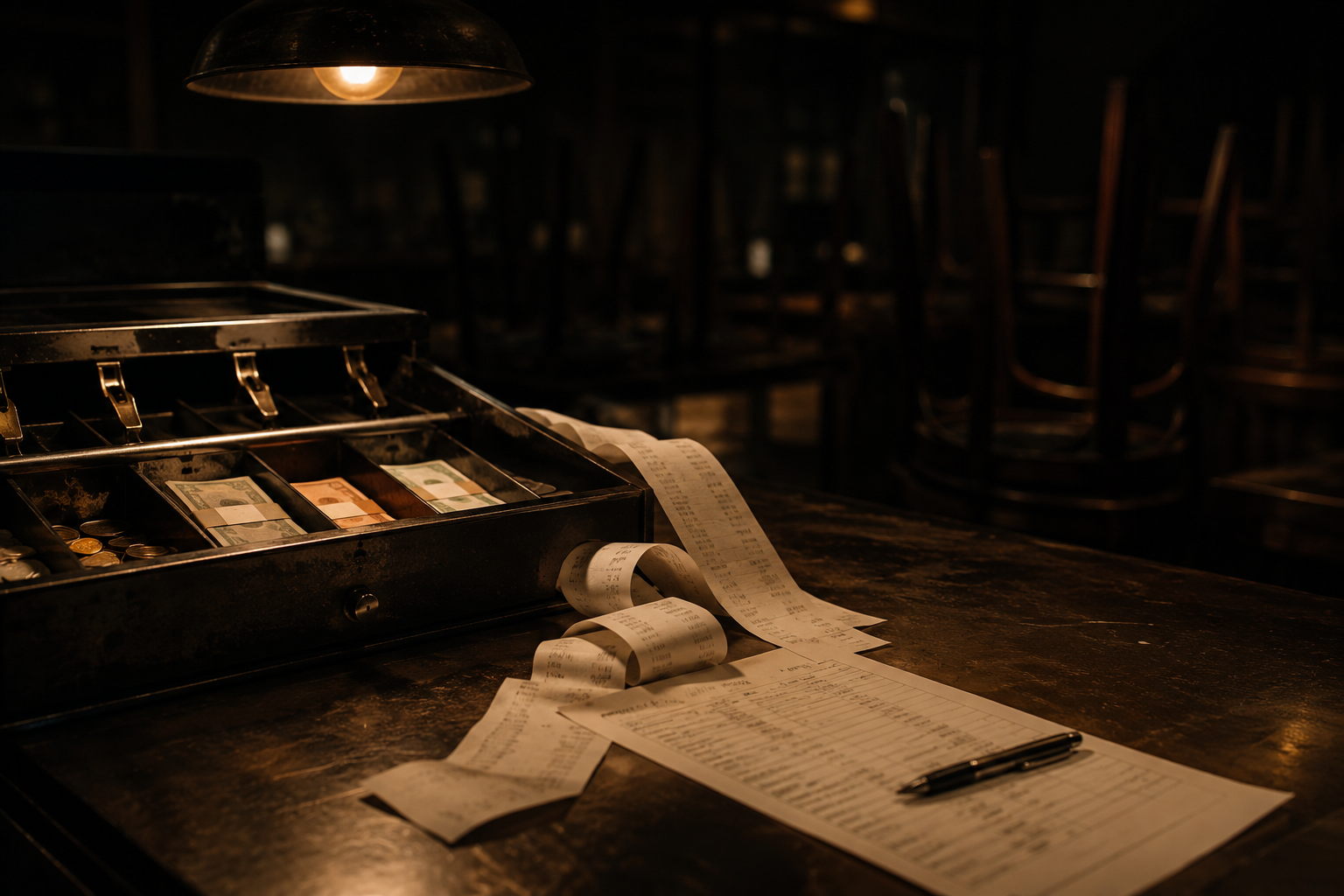 An open cash drawer with banded notes and coins beside a long curl of receipt paper and a printed summary sheet, on a bar top after closing.
