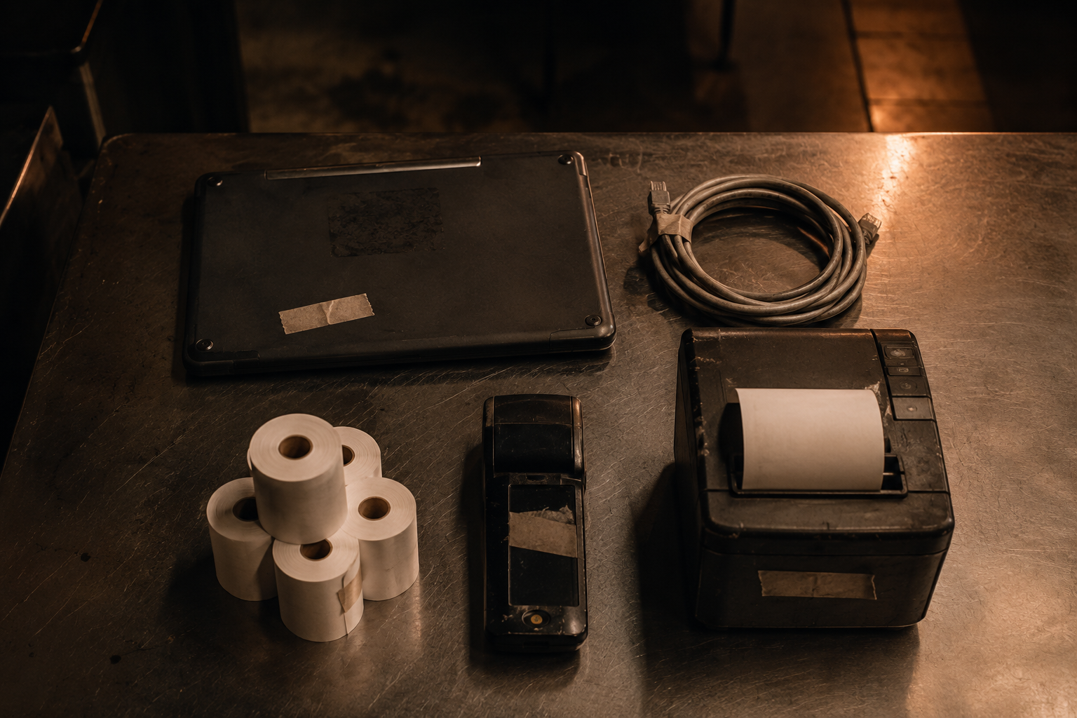 Overhead view of a point-of-sale tablet, coiled ethernet cable, handheld device, thermal receipt printer and spare paper rolls laid out on a scratched steel prep table.
