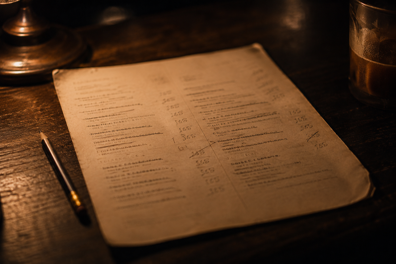 A printed restaurant menu on a dark bar top, prices crossed out and rewritten in pencil, with a pencil and a glass alongside.