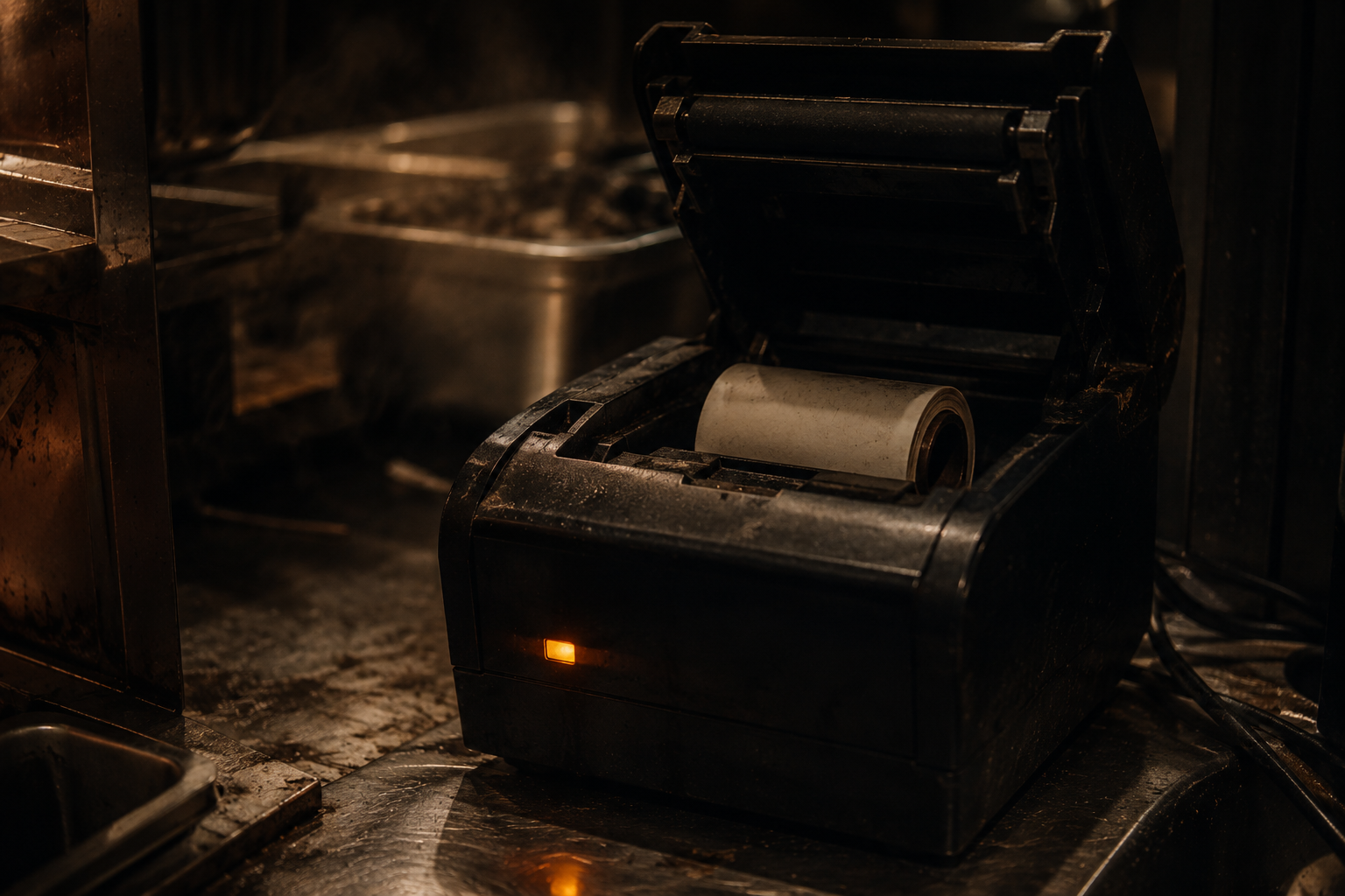 A thermal receipt printer in a kitchen with its cover open and the paper roll spent, a single amber status light glowing in the dark.