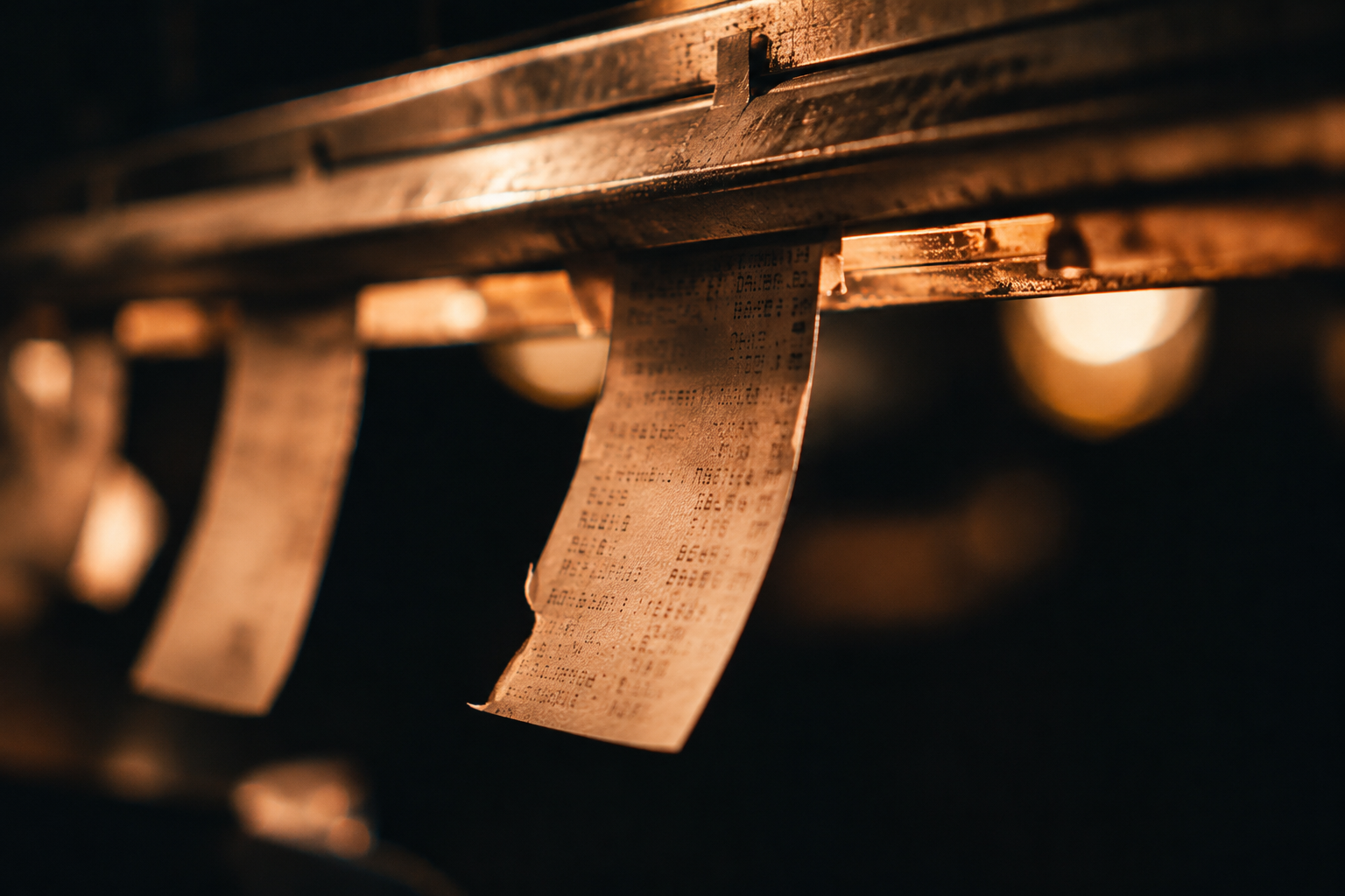 Close-up of printed kitchen tickets curling from a metal ticket rail, backlit by warm amber heat lamps against a dark background.